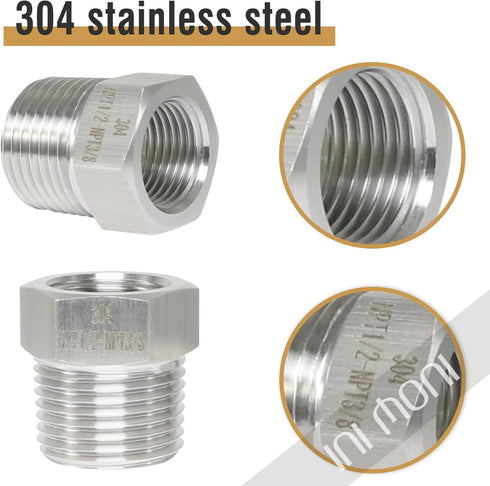 Stainless Steel Reducer Hex Bushing, 3/8 Male to 1/4 Female NPT Thread Reducing Adapter (Pack of 2)