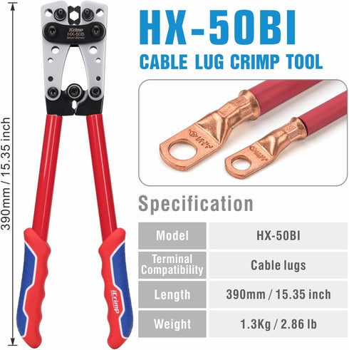 8, 6, 4, 2, 1, 1/0 iCrimp Battery Cable Lug Crimping Tool for AWG Heavy Duty Wire Lugs, Battery Terminal, Copper Lugs