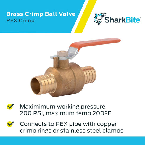SharkBite 1 Inch Crimp Ball Valve, Brass Plumbing Fitting for PEX Pipe, PE-RT, Model 22463LFA