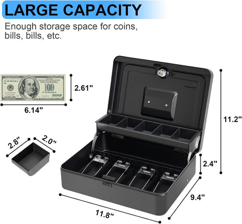 Cash Box with Key Lock on Top, 11.8L x 9.5W x 3.5H Inches, Durable Black Metal Money Box with Tray & 4 Bill Slots