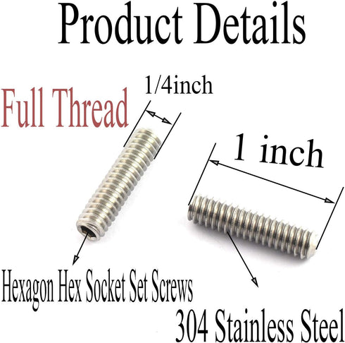 20PCS 1/4-20x1" Hexagon Socket Set Screws, 304 Stainless Steel Full Thread Cup Point Grub Screws