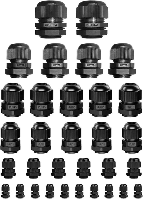 ISPINNER 32pcs Nylon Cable Gland Waterproof IP68 Adjustable 3-18mm, NPT 3/4, NPT 1/2, PG13.5 (Black)