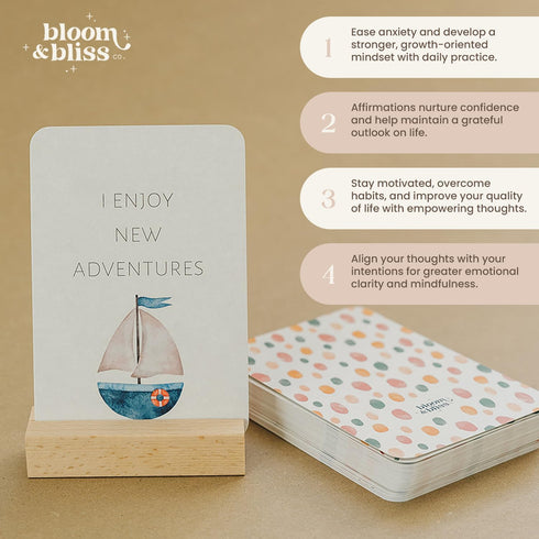 BLOOM AND BLISS CO. 50 Positive Affirmation Cards for Kids and Grandkids - Inspirational Cards with Display Stand