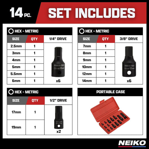 01141B Set, Set, 2.5 mm 19 mm, 1/4-Inch, 3/8-Inch, 1/2-Inch 14-Piece Set NEIKO Allen-Bit Socket Metric Socket