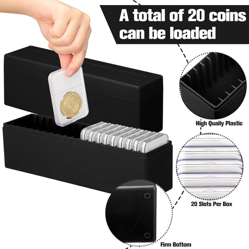 Wenqik 6 Pcs Plastic Coin Storage Box Case with 20 Slab Holders, Coin Collection Container for Home Office (Black)