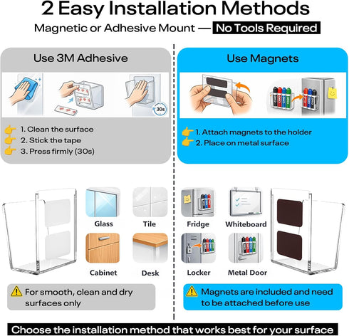 8+ Acrylic Whiteboard Marker Holder, Magnetic or Adhesive Mount Marker Organizer for Fridge, Classroom and Office