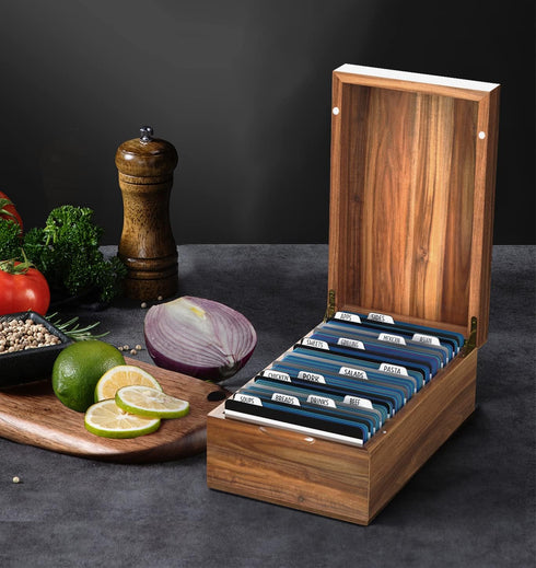 Neando 3’’x5’’ Index Card Holder, Acacia Box with Dividers, 4 Compartments for 600 Cards, Recipe Box