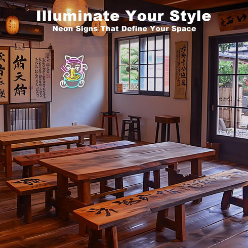 Fortune Cat Ramen Neon Signs for Wall Decor Japanese Cat LED Neon Light USB Powered Light Up Signs for Japanese Culture
