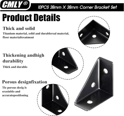 CMLY 10Pcs 38mm 38mm, Corner Brackets, x Black Steel, Triangle Shelf Brackets, Corner Desk Connectors for Wood, Metal