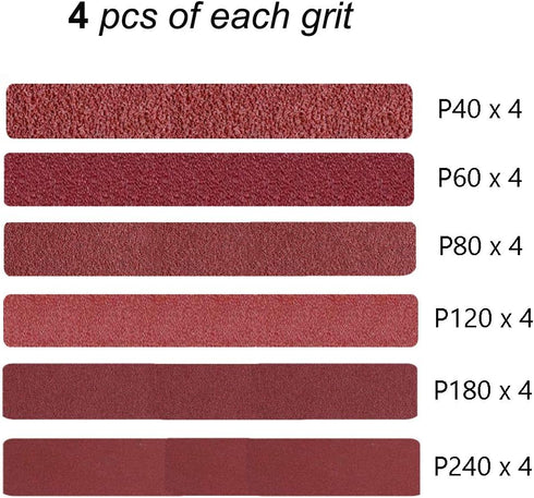 3/8 x 13 Inch Aluminum Oxide Sanding Belts, 24-Pack Assorted Grits for Air Belt Sander, 4 Each of 40/60/80/120/180/240