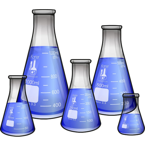 Karter Scientific Glass Flask 5 Piece Set | Narrow Mouth Erlenmeyer | Borosilicate Glass | 50ml to 1L