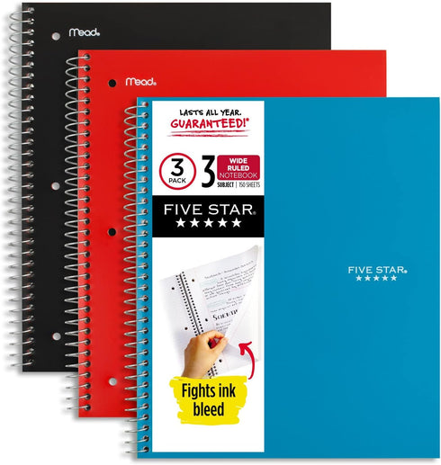 Five Star Spiral Notebooks, 3 Pack, 3 Subject, Wide Ruled Paper, 10 1/2" x 8", Blue, Red, & Black (930081)