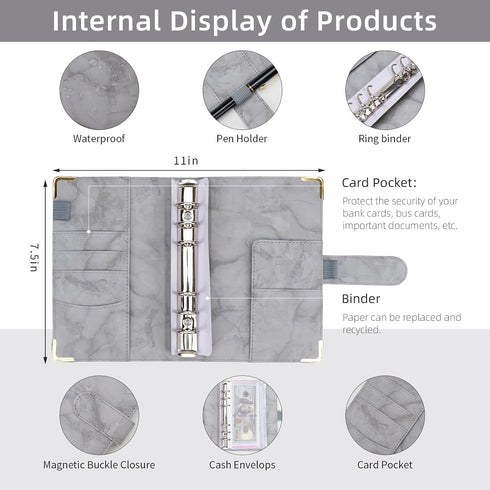 Budget Binder Leather A6 Cash Envelopes, Money Saving Binder with Zipper Envelopes for Budgeting, Gray