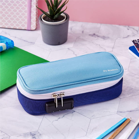 It's Academic Locking Pencil Case - Compact, High Capacity Travel Organizer Bag for Office & School Supplies, Blue