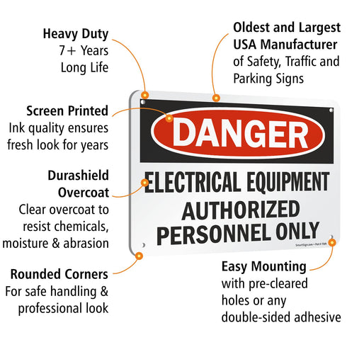 SmartSign "Danger - Electrical Equipment, Authorized Personnel Only" Sign, 7" x 10" Aluminum