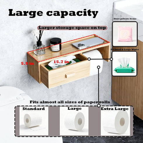 TEGUEPS Bamboo Toilet Paper Holder with Shelf,Wall Mount Bathroom Holder with Wet Wipes Storage Drawer(Natural)