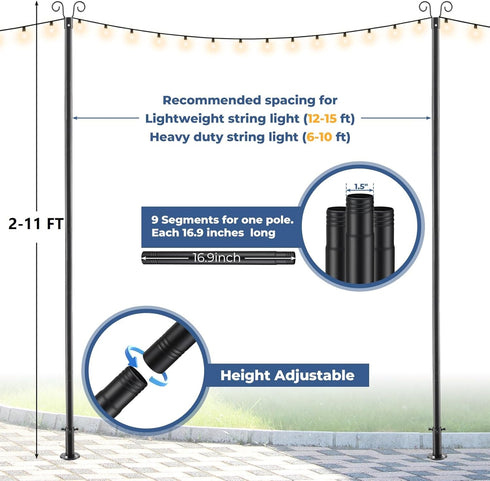 10 (1 Pack) FT String Light Poles Heavy Duty - Outdoor Patio Deck Light Poles for Outside with Anchor Base and Mounting