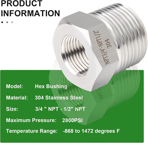 TAISHER 5PCS Forging of 304 Stainless Steel Reducer Hex Bushing, 3/4" Male NPT to 1/2" Female NPT, Reducing Forging