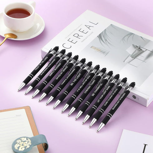 Zonon 12 Pieces Inspirational Motivational Quotes Ballpoint Pens with Stylus Tip, Metal Black Ink Pen Set (Bible Style)