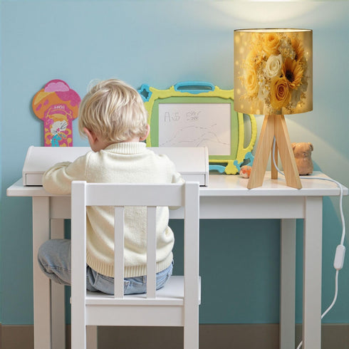 RAINFALLARING Tripod Bedside Table Lamp for Bedroom Elegant Yellow White Rose Bouquet Sunflowers Glitter Accents