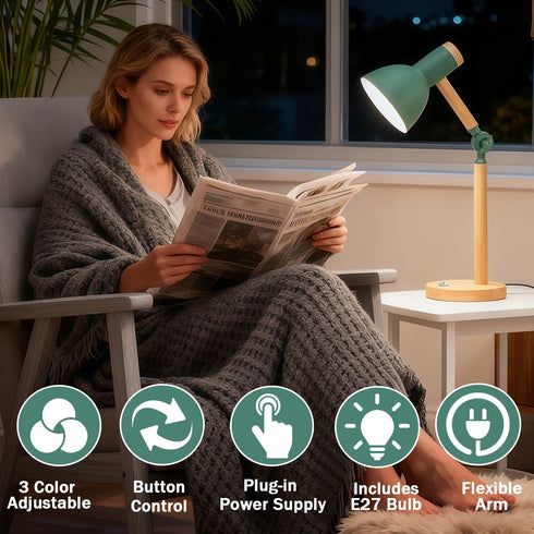 CWTRAY 3 Desk Lamp, LED Desk Lamps for Home Office, Eye-Caring Desk Light, Color Modes Reading Light, Wood Table Lamps