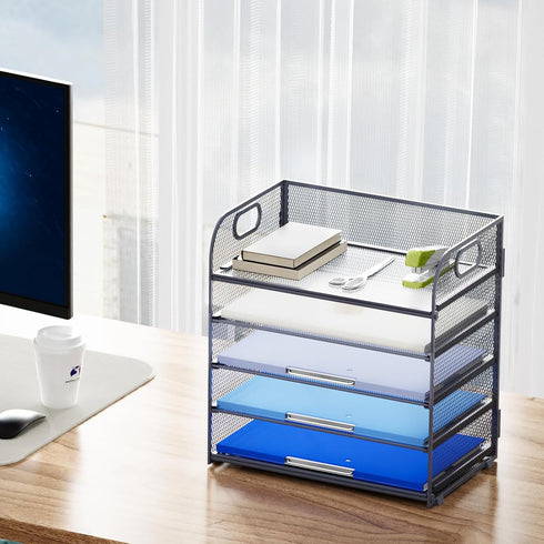 Marbrasse Paper Organizer Letter Tray, 5 Tier Mesh File Organizer with Handle for Home Office Supplies - Grey
