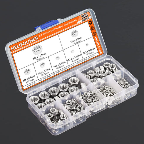 360 Pieces 304 Stainless Steel Hex Nuts Assortment Kit, 7 Sizes (M2 M2.5 M3 M4 M5 M6 M8)