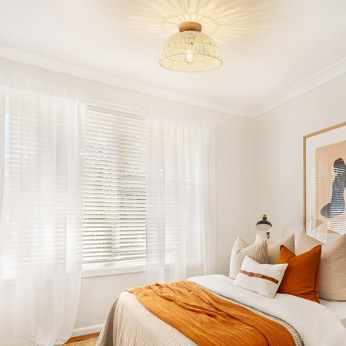 Boho Ceiling Light Fixture Rattan Flush Mount Ceiling Light Bedroom Chandelier Hand-Woven Lamp Shade Wooden Base Small
