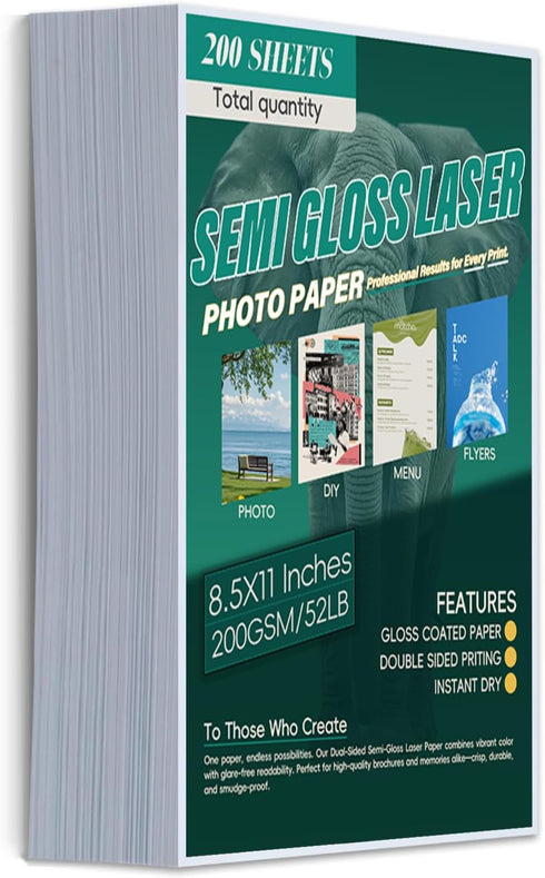 Laser Photo Paper 8.5x11 In,200 Sheets 200GSM/52LB Semi Gloss Double Sided High-Heat