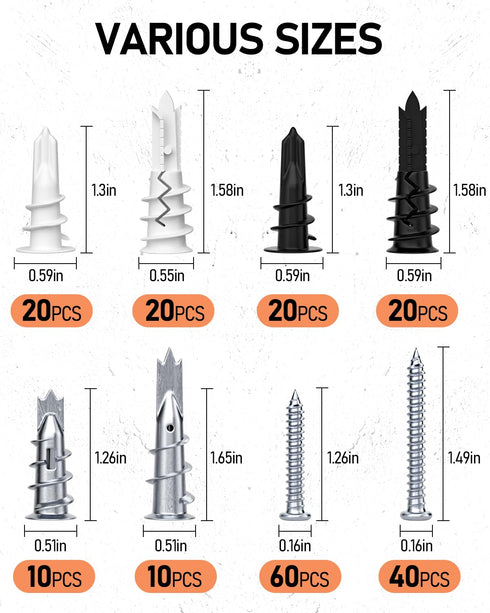 INCLY 200PCS #8 Drywall Anchors Kit Self Drilling, 100 Zinc Metal & Plastic Dry Wall Anchors and 100 Philips Screws Assortment for Drywall Sheetrock Hanging and Mounting with Case