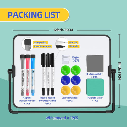 Dry Erase White Board, 8" x 12" Magnetic Desktop with Stand, Includes 6 Markers, 6 Magnets, and 1 Eraser for Home,