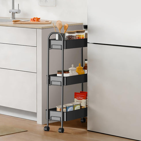 ZXICEU 3-Tier Slim Rolling Cart, Metal Frame Utility Rolling Narrow Storage Cart with Handle Kitchen Storage Organizer
