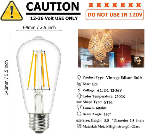 DC 12V ST64 LED Light Bulb 2700k 6W Warm White LED Edison Filament E26 Screw Base Lamp DC Low Voltage RV Marine Boat Classic Industrial Prop Retro Landscape Industrial Lighting Non-dimmable 3-Pack by Greeogin