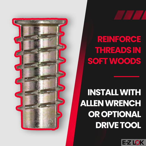 E-Z LOK Threaded Insert for Soft Wood, Zinc Hex-Flanged, 1/4-20 Internal Threads, 25mm Length, Pack of 50