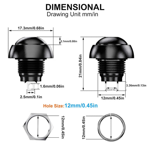 Waterproof Momentary Push Button Switch - 12MM Normal Open Mini Micro Switch ON-Off, 35PCS in 7 Colors