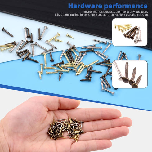 Glarks 1600Pcs Small Tiny Nails Kit, Wooden Screw Nail Gold Silver Bronze, 1x6mm, 1x8mm, 1x10mm Mini Nails for DIY