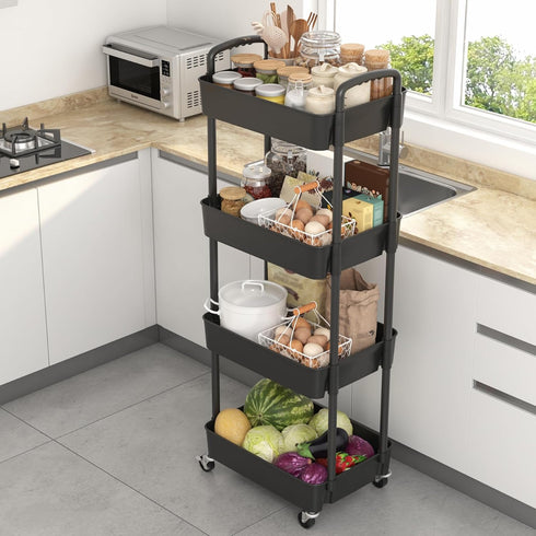 4-Tier Sywhitta Plastic Rolling Utility Cart with Handle, Multi-Functional Storage Trolley for Office, Living Room