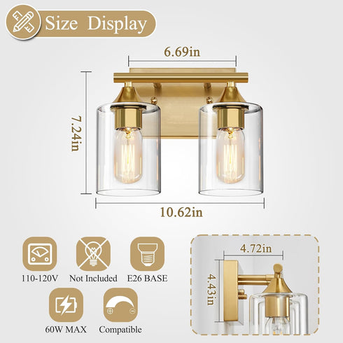 Bathroom,2-Light Gold Vanity Lights for Bathroom Light Fixtures,Brushed Brass Gold Wall Sconce Lighting,Modern Wall