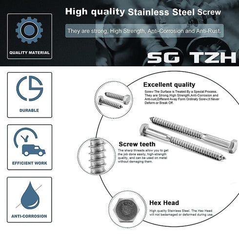 10 Pcs 3/8" x 4" Hex Head Lag Screws Bolts, 304 Stainless Steel 18-8, Partial Thread, Hexagon Head Wood Screws