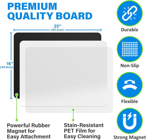 Extra Large Magnetic Dry Erase White Board Sheet, 25x16 in, Stain Resistant, 3 Markers, Big Eraser with Magnets