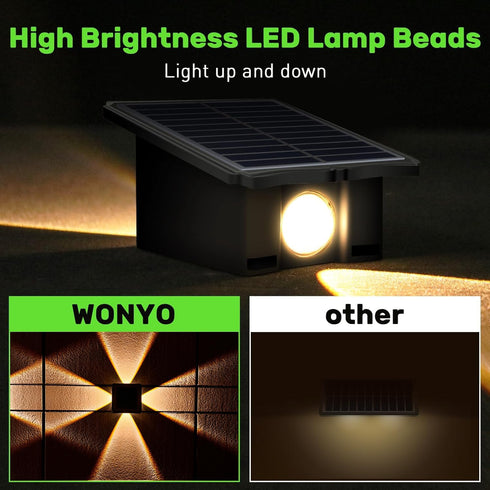 Gtliba IP65, (4LED-Warm 2PACK) Solar Wall Lights, Up and Down Outdoor Lighting Waterproof Fence Light for Yard Garden