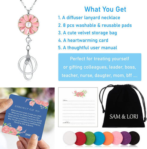 SAM & LORI Strong Pretty Lanyard Necklace for Women, Stainless Steel Diffuser Metal Chain with Badge Clip, Pink Daisy