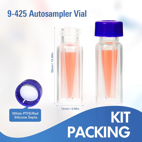 2ML Polypropylene Vials, 9mm Short Thread Vial with Micro Volume 300µL, Blue Screw Cap with Hole, WhitePTFE&Red Silicone Septa, for Ion Chromatography, 100 of Pack