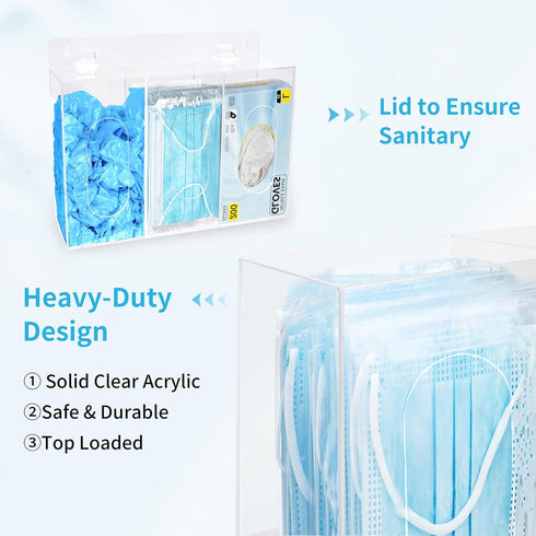 zoomto Box,3 Face Mask Dispenser Compartment Acrylic Gloves Holder Hygiene Station with Lid, Shoe Cover