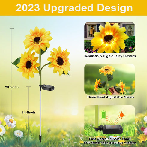 Outdoor Solar Garden Stake Lights Upgraded LED Solar Powered Light with 3 Sunflower for Garden Patio Backyard