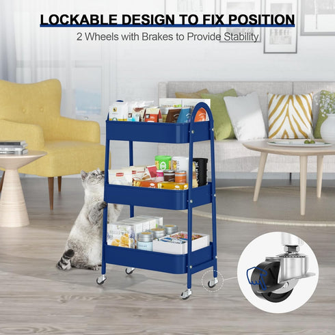 EAGMAK 3 Tier Utility Rolling Cart, Metal Storage Organizer Trolley with Handle and Lockable Wheels for Kitchen, Office