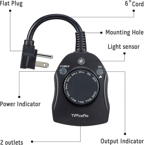 Outdoor Timer Outlet, Dusk to Dawn Light Sensor Timer, Weatherproof 2 Grounded Outlets for Christmas Lights (1 Pack)