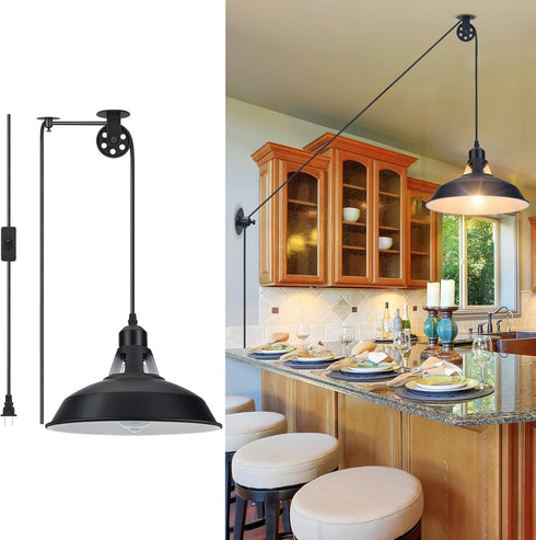 Lomoky Plug in Pulley Pendant Light with 14.76ft Cord On/Off Switch, Industrial