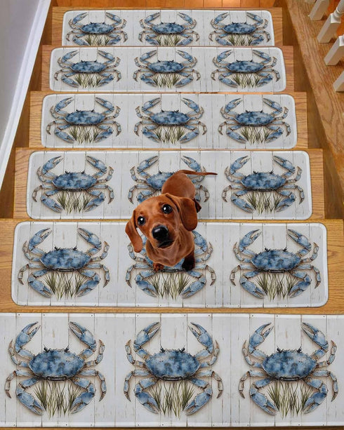BOHOOSKYLAR 4 8"x30" Farmhouse Watercolor Stair Treads Crab Ocean Marine Life Wood Grain Indoor Non Slip Peel and Stick