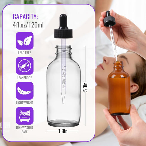 AuroTrends 4 oz Dropper Bottles, 24 Pack Transparent Glass Tincture Bottles with Dropper, Funnel & Stickers